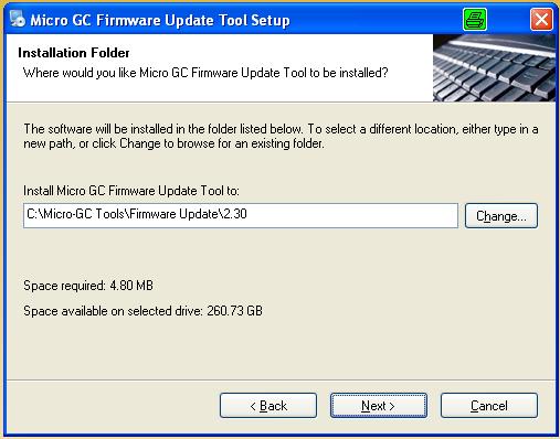 The default installation folder is C:\Micro-GC Tools\Frirmware Update\2.30.