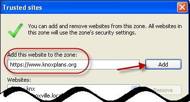Adding Knoxplans to Your Trusted Sites ProjectDox loads ActiveX controls onto your pc so that you can view drawings and markups. Before the controls can be loaded, the Knoxplans Site (www.knoxplans.