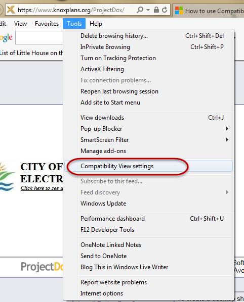 Setting Compatibility View Settings for Versions IE 8 and higher The Knoxplans website might appear blank or might not display correctly in Windows Internet Explorer 8 and