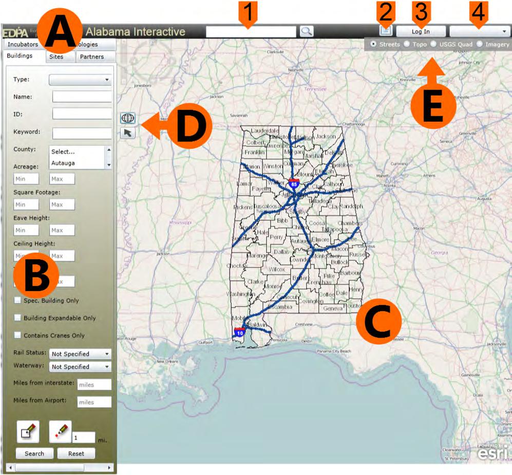 1.4 Layout and Tools Upon accessing Advantage Alabama for the first time, you will see the default interface and map. At the top of the site is the (A) header.
