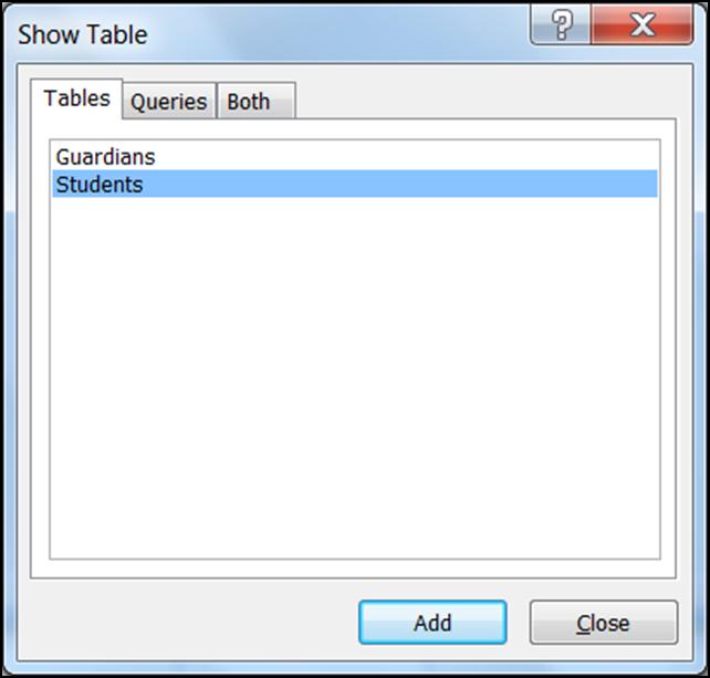 The Show Table Window will be in front of the Query Design page.