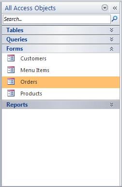 The Navigation Pane after minimizing the Tables, Queries, and Reports groups Databases with Navigation Forms Some databases include a navigation form that opens automatically when the database is