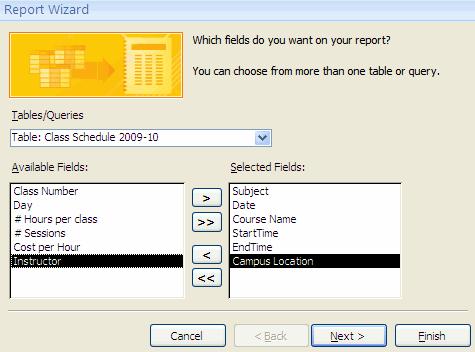 M i c r o s o f t A c c e s s 2 0 1 0 P a g e 10 In the Navigation Pane, click once on the Class Schedule 2009-10 table to select it. Click Report Wizard on the Create tab in the Reports group.