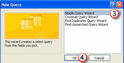 New Query dialog box is displayed. With the (3) Simple Query Wizard selected, click (4) OK. The Simple Query Wizard dialog opens. In the (5) Tables/Queries box, select Table: Orders.