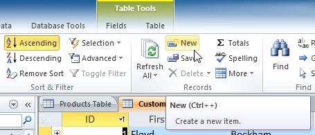 Adding a new record from the Ribbon On the Record Navigation bar at the bottom of the window, click the New