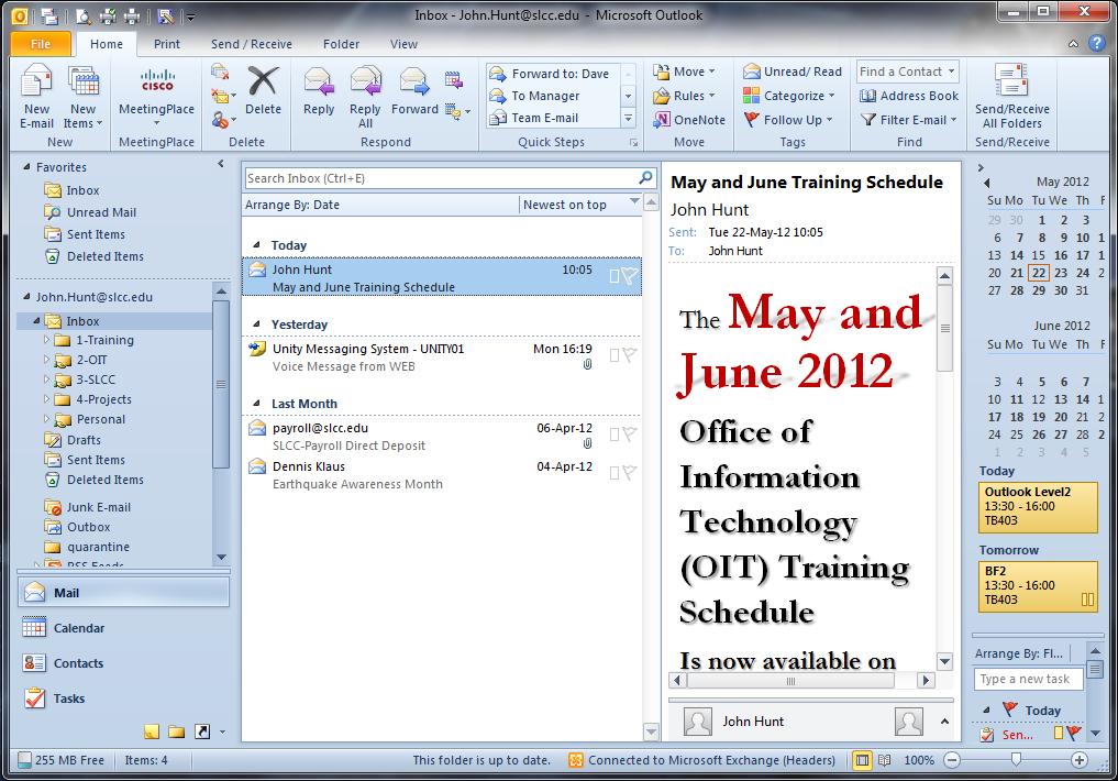 Outlook 2010 Quick Start Guide Getting Started File Tab: Click to access actions like Print, Save As, etc. Also to set Outlook options.