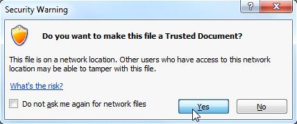 After enabling all content in the database, you may see a message asking if you want to make the database a Trusted Document.