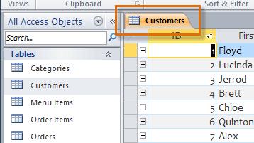 The newly opened object in the Document Tabs bar By default, the most recently opened