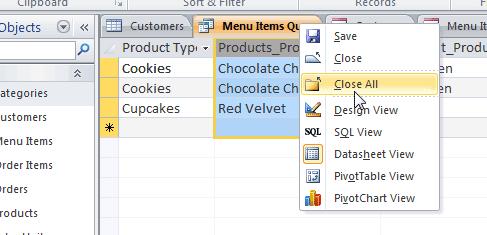 You can also close an object by right-clicking its tab on the Document Tabs bar. A drop-down menu will appear.