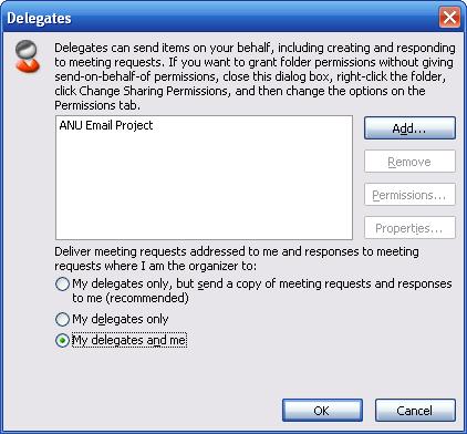 If a delegate needs permission to work only with meeting requests and responses, the default permission settings, including Delegate receives copies of meeting-related messages sent to me, are