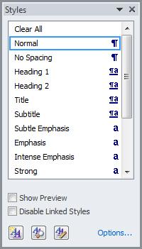 Figure 19 Styles Pane Viewing a Document in Different Ways In Word 2010, you can display a document in a variety of views, each suited to a specific purpose (see Table 6).