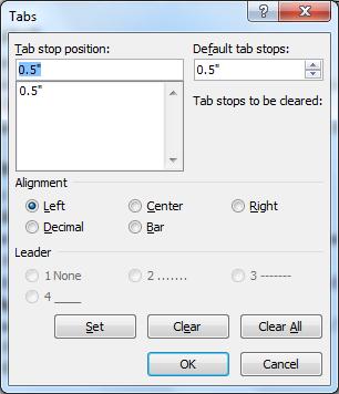 Setting a Tab Stop Highlight the desired text. In the Paragraph group, click on the Dialog Box Launcher button. Click on the Tabs button in the window.