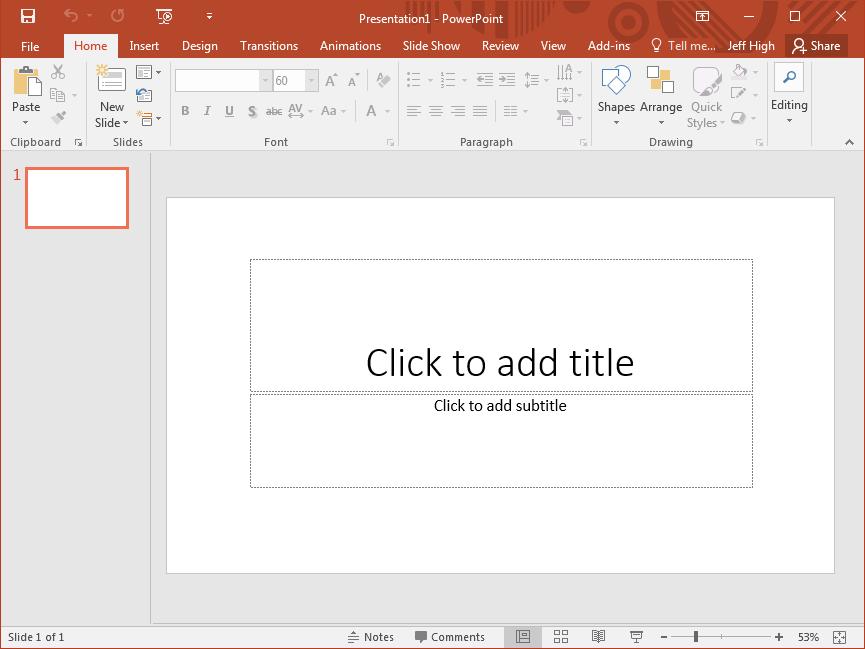 Microsoft PowerPoint 2016 Quick Reference Card The PowerPoint 2016 Screen Slides preview pane Quick Access Toolbar Status bar The Fundamentals The File tab menu and Backstage view contain commands