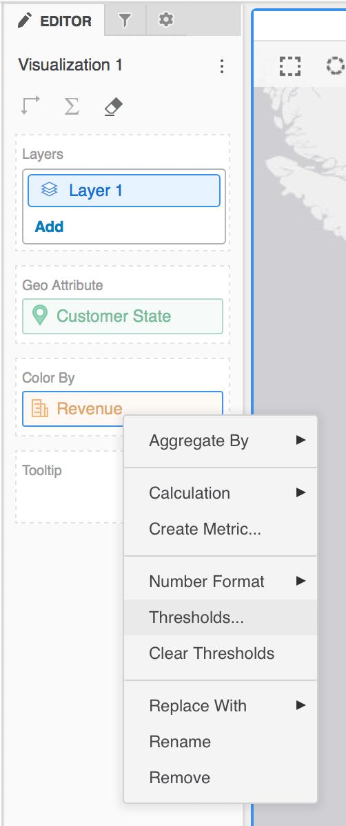 Right-click the Revenue metric in the Color By drop zone and select Thresholds. 23.