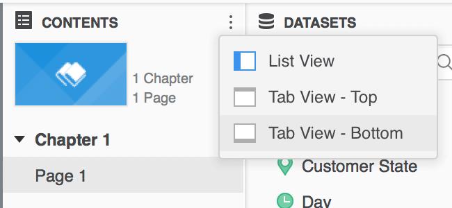 18. In the Contents section, click the icon on the top-right corner, and then choose Tab View Bottom. 19. Drag Customer State from the Datasets panel to the Rows drop zone of the Editor panel.