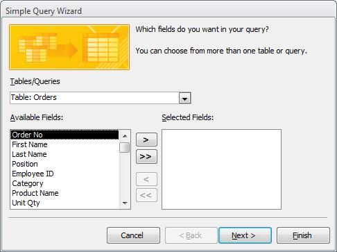 Use the down arrow in the upper part of the dialog box to select the table or query