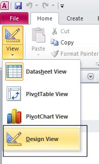 From the drop down list displayed, select the Design View.
