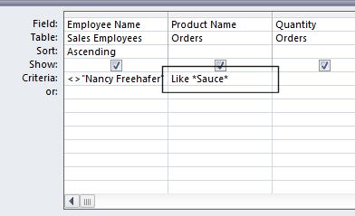 Click into the Criteria row of the Product Name field and type: Like *Sauce* Then  NOTE: