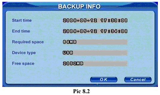 Click Backup button. The BACKUP INFO window will appear as shown in Pic 8.2.