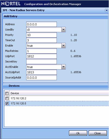 Configuring the authentication method 137 The New Radius Servers Entry dialog box appears ATTENTION The default values for the RADIUS port (UdpPort) and the RADIUS accounting port (AccUdpPort) are