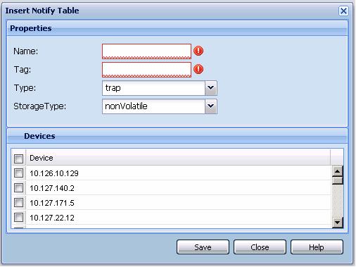 230 Configuration of Trap/Log Manager 5 Enter the values in the fields as required 6 Click Save A row corresponding to the newly created notification is added to the table in the contents pane You