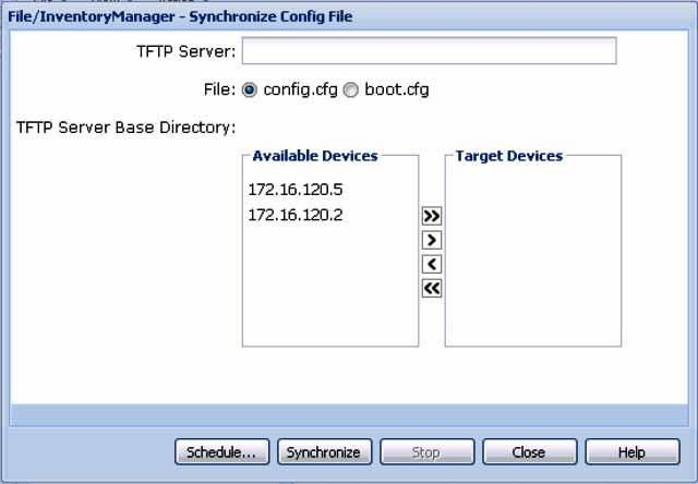 286 Using File Inventory Manager 2 From the menu bar, choose Actions, Synchronize Config File The File/Inventory Manager - Synchronize Config File dialog box appears 3 In the TFTP Server field, enter