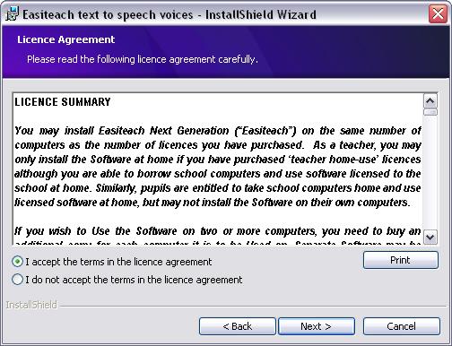 Installing the text to speech voices RM TM Easiteach TM Next Generation comes with a wide variety of voices for use in the text to speech functionality.