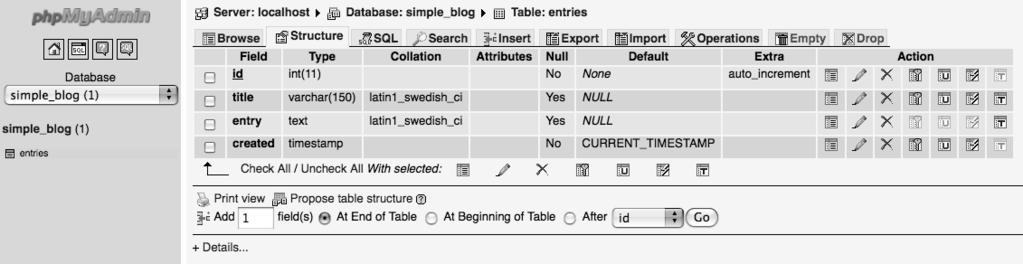 . Figure 5-3. Creating the entries table in phpmyadmin After you click the Go button at the bottom right of the SQL text field, the entries table shows up in the left-hand column of the screen.