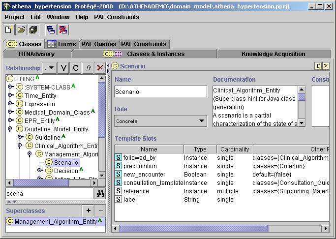 Figure 11 - The Classes tab in Protégé, showing the classes in the ATHENA Knowledge Base and the Class Form for editing the Scenario class II.5.1.3.