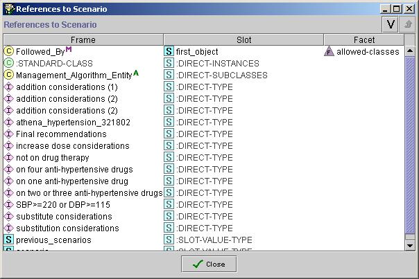 If you select the Scenario class and click on the references button in the class hierarchy pane, for example, a window showing all references to the Scenario class will pop up (Figure 22).