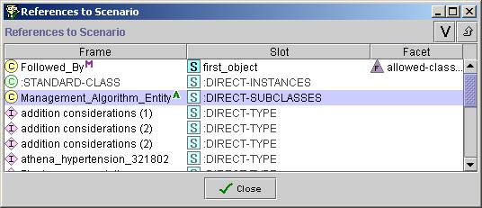 Figure 23 - Selecting a frame (e.g., Management_Algorithm_Entity class) in the References to Scenario window, and clicking on the references button to find all references to the selected