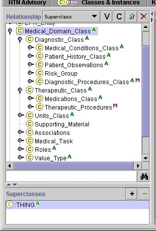 Figure 27 - The top-level classes in the medical concept model (subclasses of Medical_Domain_Class) Classes in the Medical_Domain_Class hierarchy are instances of user-defined metaclasses.