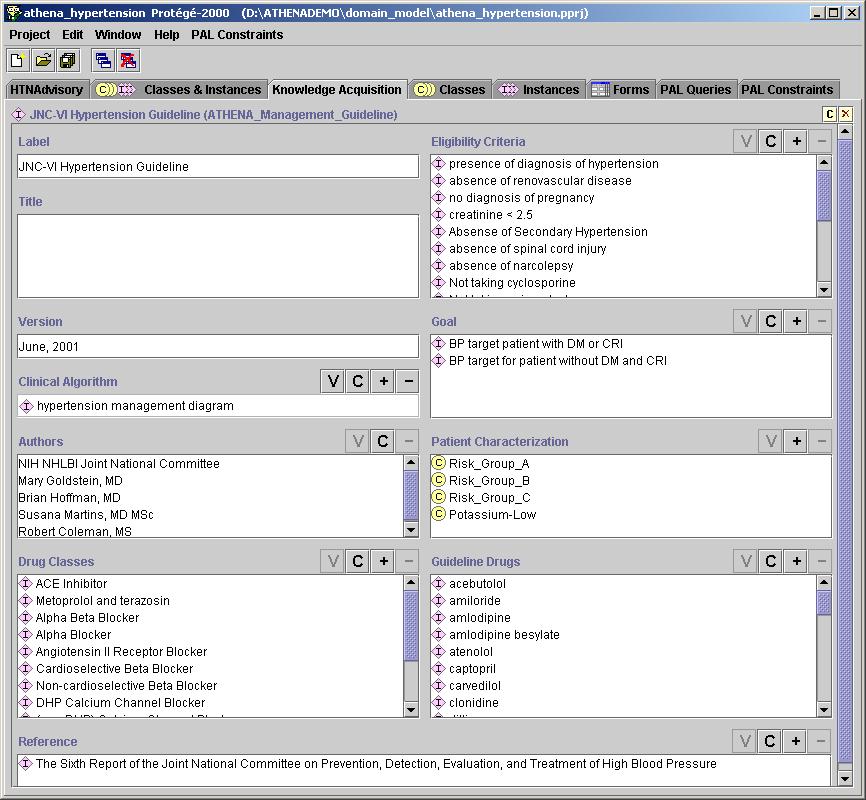 Figure 1 - Partial view of the JNC-VI Hypertension Guideline instance In Protégé, classes are organized into classification hierarchies where children classes are specializations of parent classes.
