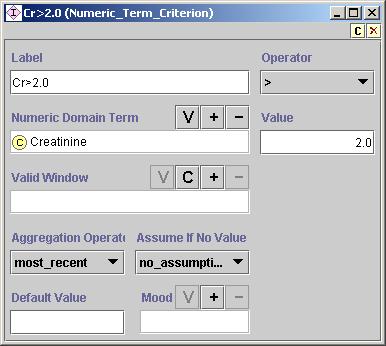 Other criteria templates in the EON Guideline Model: support simplified numerical value comparisons (Numeric_Term_Criterion, as illustrated in Figure 71), where the value slot can only be a number,