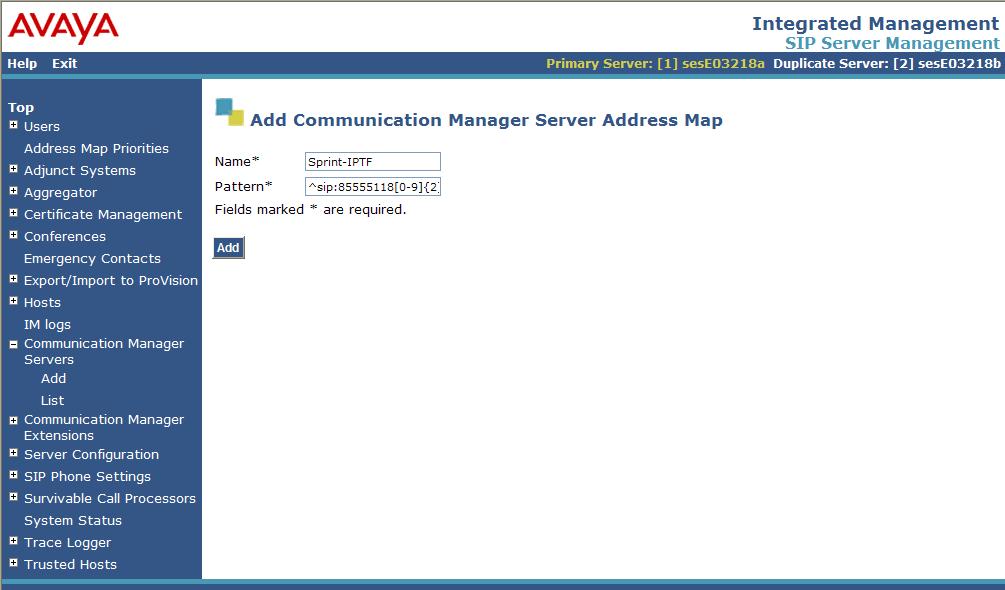 2. In the List Communication Manager Server Address Map page (not shown), click on Add Map in New Group. 3.