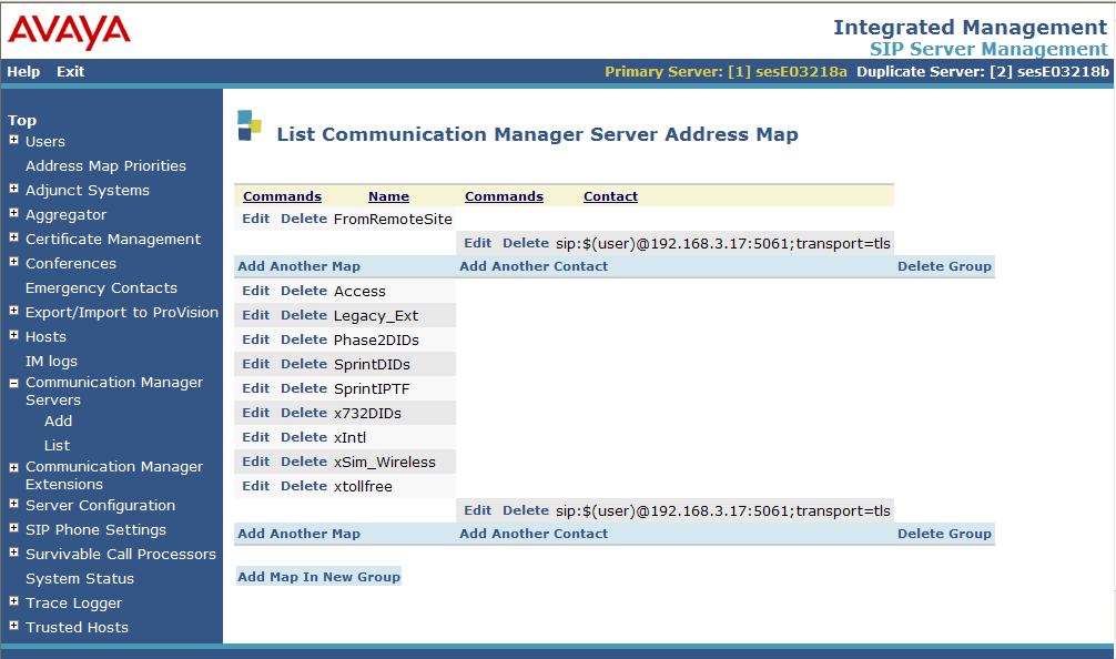 4. A Contact is automatically created after creating the first Communication Manager Server Address Map.