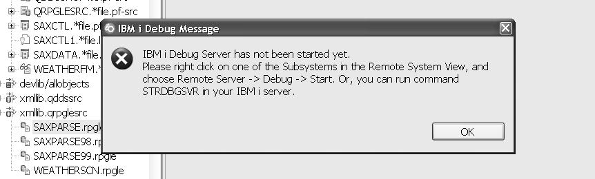 Need to start the IBM i Debug Server! Can start through RDi or a green screen command.