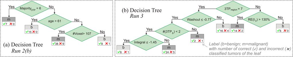 Figure 3. Decision tree (a) achieved the best #CCI value; decision tree (b) is the best among the classifiers that did not consider the features age and #Voxel. of complex ensembles.