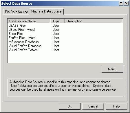 Select Data Source Dialog Box Or you can create a new database by clicking New in the Machine Data Source