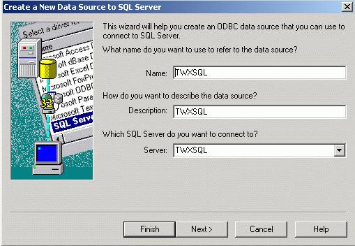 TrendWorX SQL Data Logger Click Finish to configure your new database. This opens the Create a New Data Source to SQL Server dialog box, shown below.