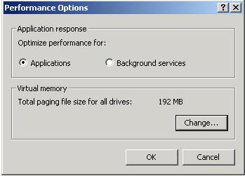 Performance Options Dialog Box Click Change to display the Virtual Memory