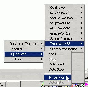 Once the application setup is completed, use the ProcessView Tray to register TrendWorX SQL Data Logger as an NT Service.