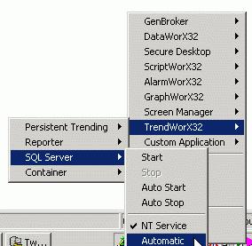 Automatic Setting in ProcessView Tray When running the TrendWorX SQL Data Logger as an NT Service, special consideration must be given to ensure that, when it starts up as an NT service, TrendWorX