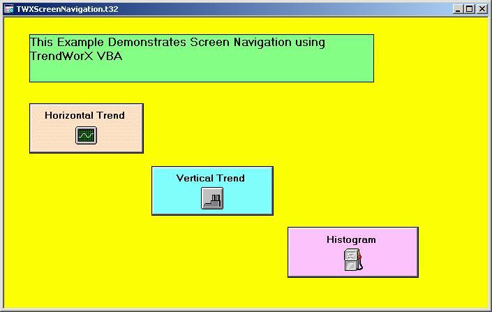 Introduction to TrendWorX Examples Screen Navigation TrendVBADemo.t32 This example display demonstrates some of the OLE automation methods of the Trend Viewer ActiveX.