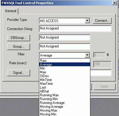 list in the Filter field of the TWXSQL Tool Control Properties dialog box, as shown below.