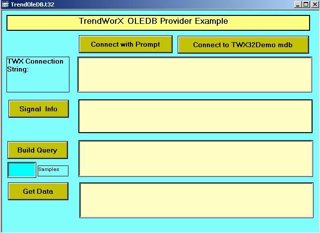 TrendWorX Reporting 4. Click the various buttons to retrieve TrendWorX historical data using the TrendWorX OLE DB Provider. 5.