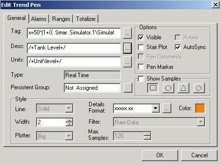 The Edit Trend Pen dialog box, shown below, displays the language-aliasing configuration of the "Tank Level" pen in the time plot trend for the water-monitoring system.