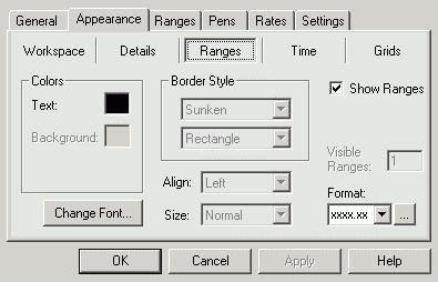 Introduction Appearance Tab: Ranges Settings Colors In the Colors section of the Ranges settings, you can choose the colors for the Text of global ranges and Background of the range box when the old