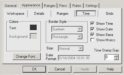 TrendWorX Viewer ActiveX Appearance Tab: Time Settings Time Stamp Gap The Time Stamp Gap determines how many time stamps to remove between time labels in a trend plot.
