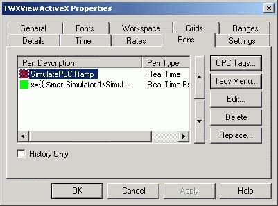 Introduction Selecting Pens to Edit Simulation Variables Selecting Simulation Variables from the Tags menu in the Pens tab of the Properties dialog box launches the TrendWorX Simulated Values dialog